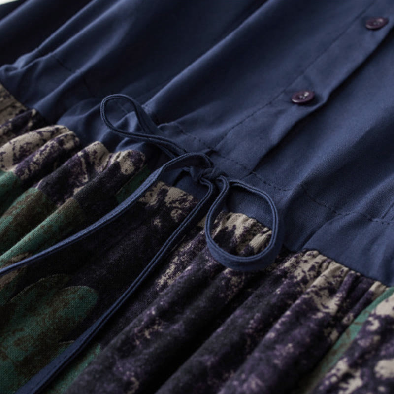 Vestido midi de lino con estampado patchwork otoñal de Buddha Stones, manga larga con cordón ajustable y bolsillos. - image 4