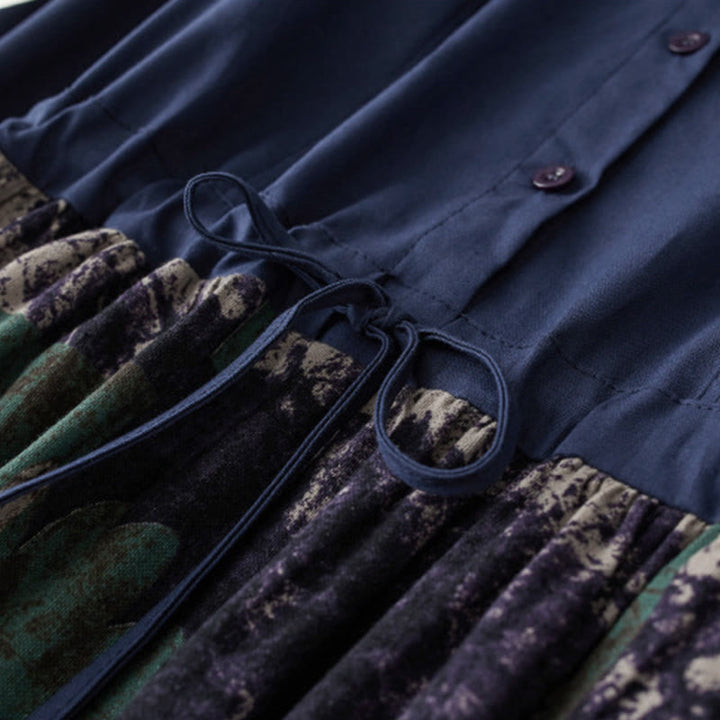 Vestido midi de lino con estampado patchwork otoñal de Buddha Stones, manga larga con cordón ajustable y bolsillos. - image 4