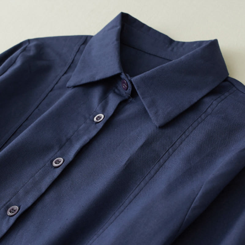 Vestido midi de lino con estampado patchwork otoñal de Buddha Stones, manga larga con cordón ajustable y bolsillos. - image 3