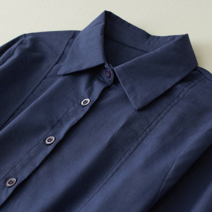 Vestido midi de lino con estampado patchwork otoñal de Buddha Stones, manga larga con cordón ajustable y bolsillos. - image 3