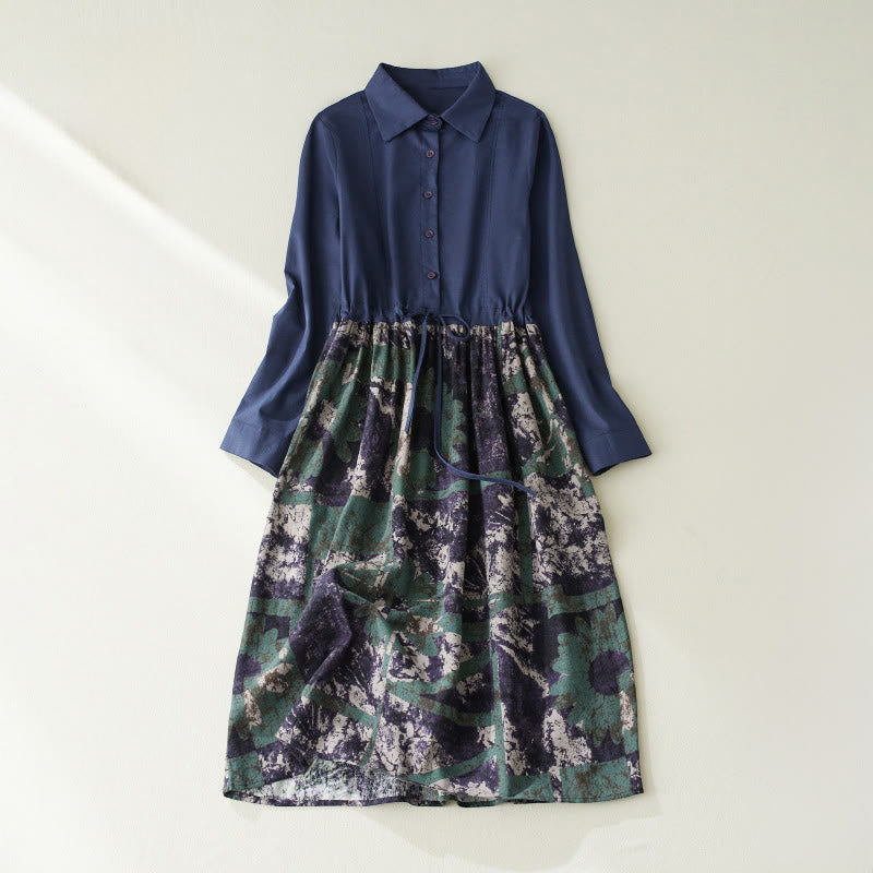 Vestido midi de lino con estampado patchwork otoñal de Buddha Stones, manga larga con cordón ajustable y bolsillos. - Azul oscuro - US8-10，UK/AU12-14，EU40-42 (2XL) - image 1