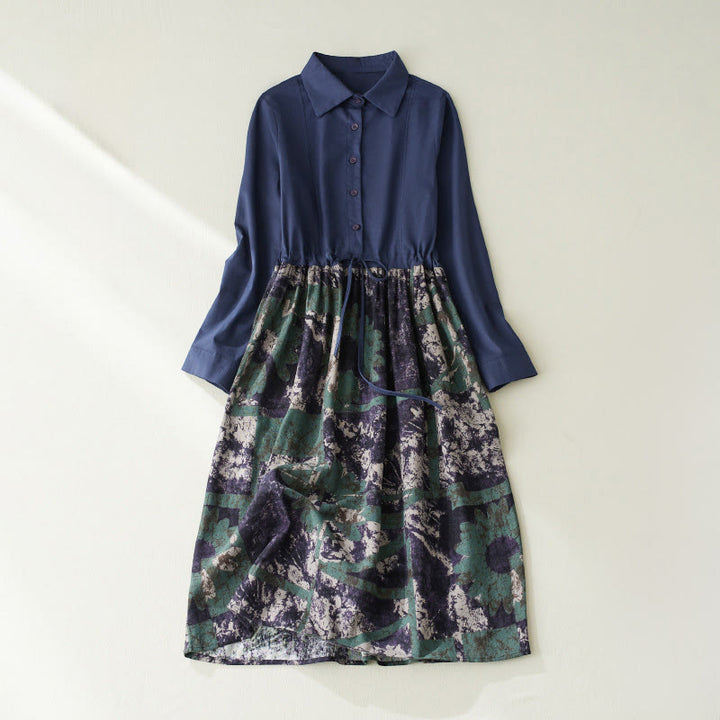 Vestido midi de lino con estampado patchwork otoñal de Buddha Stones, manga larga con cordón ajustable y bolsillos. - Azul oscuro - US8-10，UK/AU12-14，EU40-42 (2XL) - image 1