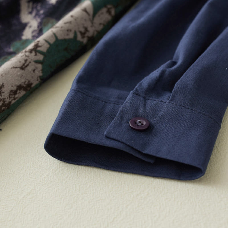 Vestido midi de lino con estampado patchwork otoñal de Buddha Stones, manga larga con cordón ajustable y bolsillos. - image 7