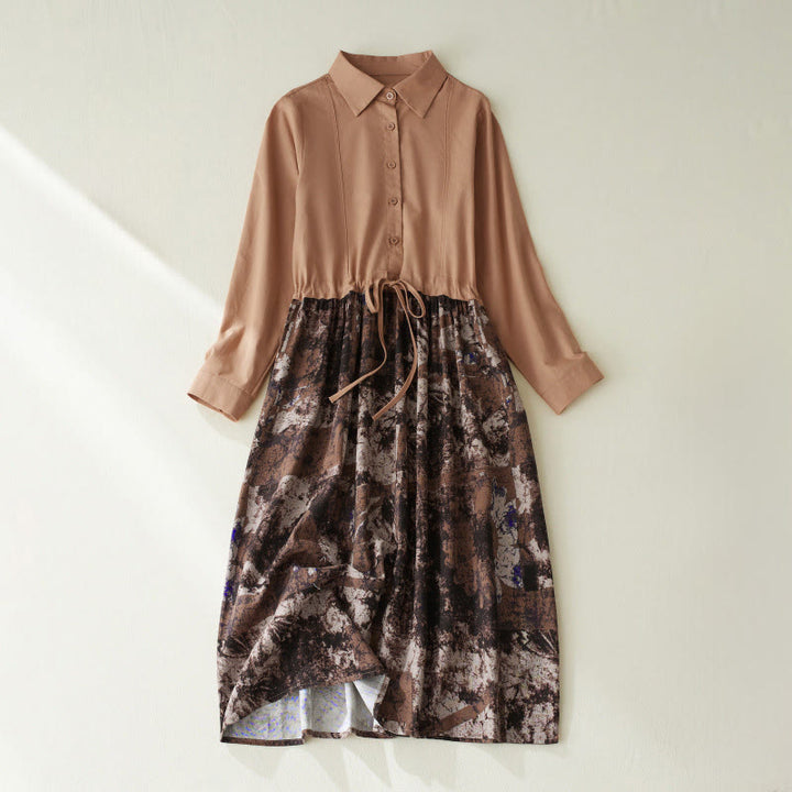 Vestido midi de lino con estampado patchwork otoñal de Buddha Stones, manga larga con cordón ajustable y bolsillos. - Sandy Brown - US8-10，UK/AU12-14，EU40-42 (2XL) - image 11