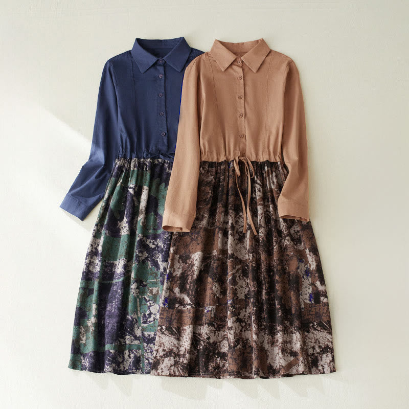 Vestido midi de lino con estampado patchwork otoñal de Buddha Stones, manga larga con cordón ajustable y bolsillos. - image 0