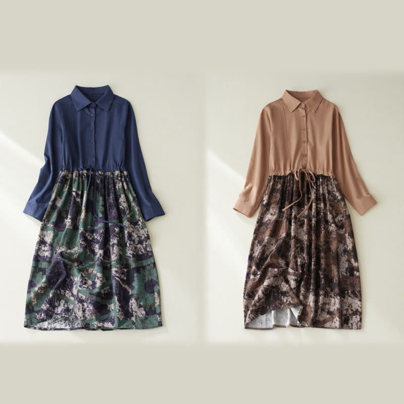 Vestido midi de lino con estampado patchwork otoñal de Buddha Stones, manga larga con cordón ajustable y bolsillos. - image 14