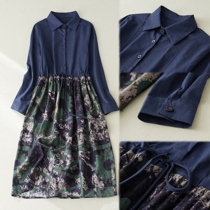 Vestido midi de lino con estampado patchwork otoñal de Buddha Stones, manga larga con cordón ajustable y bolsillos. - image 8