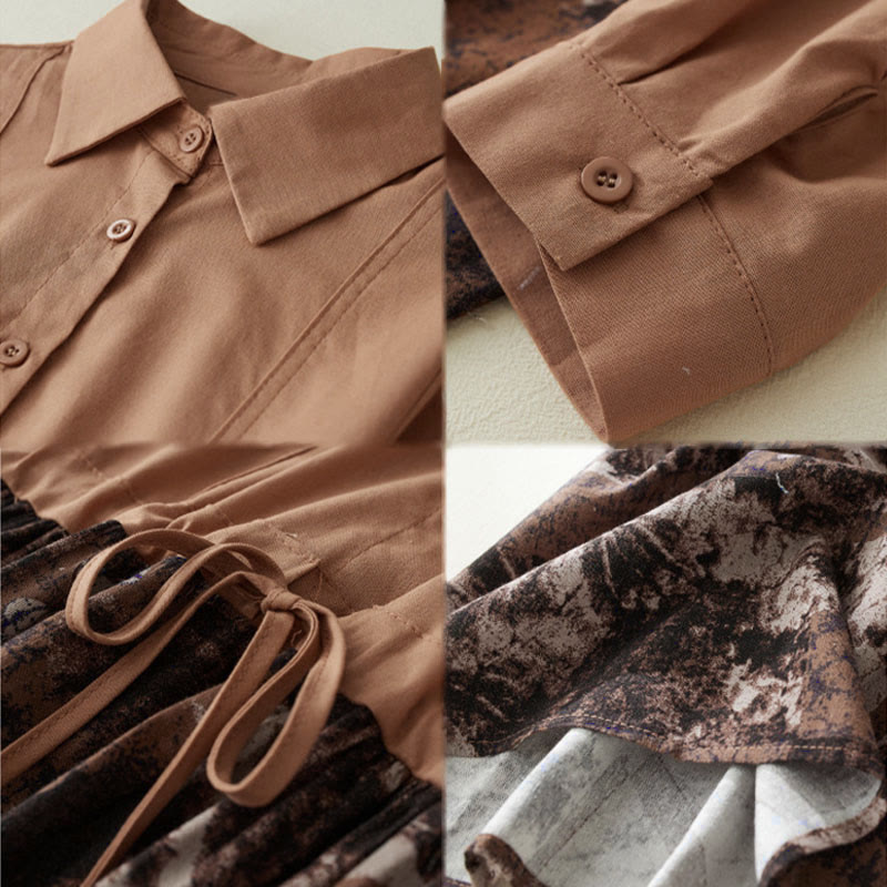 Vestido midi de lino con estampado patchwork otoñal de Buddha Stones, manga larga con cordón ajustable y bolsillos. - image 13