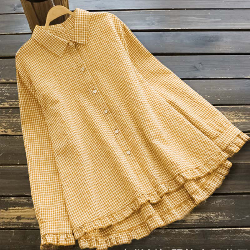 Camisa de manga larga para mujer con botones, diseño de cuadros con volantes y estampado de Buddha Stones para primavera. - Amarillo - US16, UK/AU20, EU48 (4XL) - image 2
