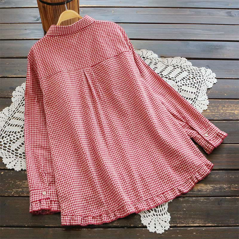 Camisa de manga larga para mujer con botones, diseño de cuadros con volantes y estampado de Buddha Stones para primavera. - image 1