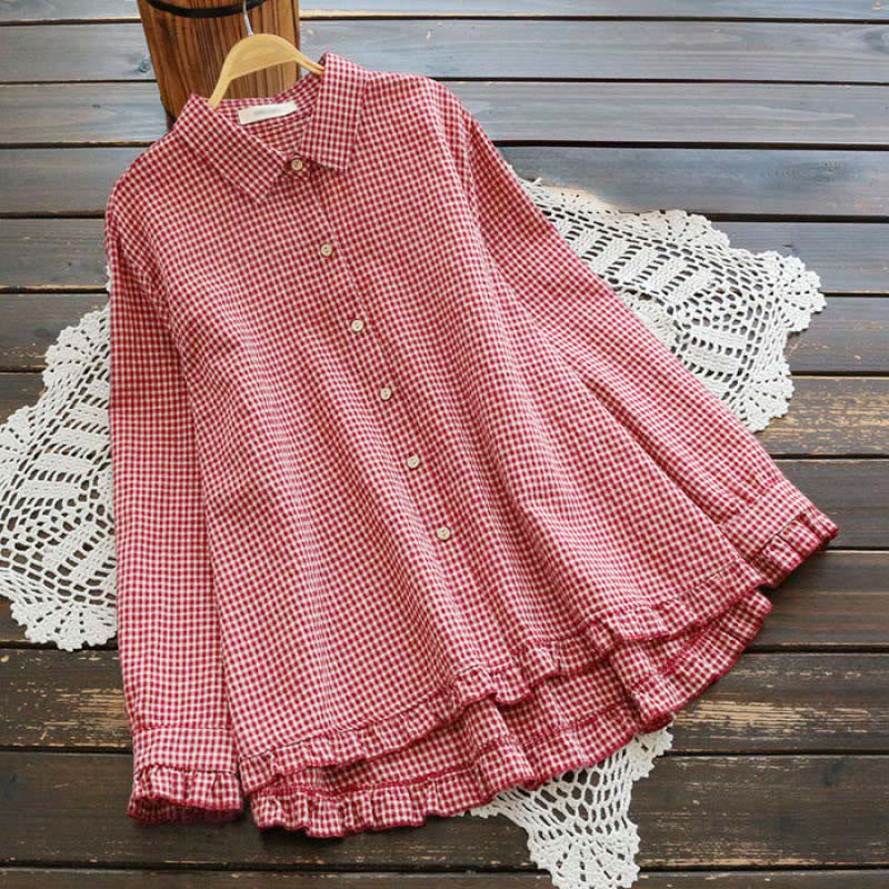 Camisa de manga larga para mujer con botones, diseño de cuadros con volantes y estampado de Buddha Stones para primavera. - Carmesí - US16, UK/AU20, EU48 (4XL) - image 0