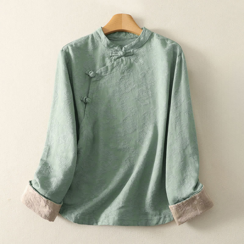 Camisa de manga larga con botones, estampado jacquard de Buddha Stones y tapeta diagonal para mujer, de algodón y lino. - Aguamarina medio - US8-10，UK/AU12-14，EU40-42 (2XL) - image 6