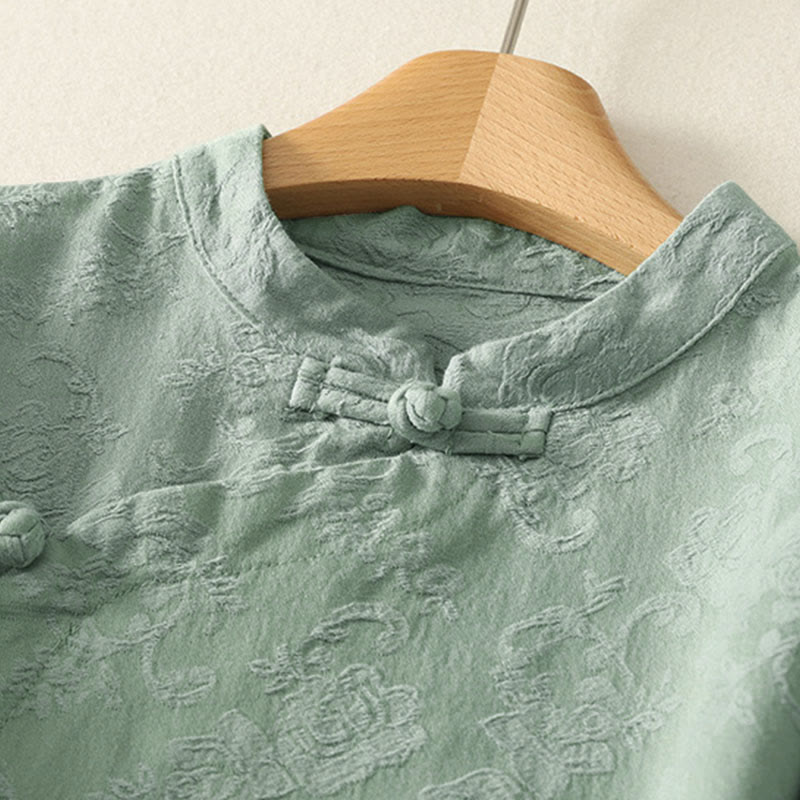 Camisa de manga larga con botones, estampado jacquard de Buddha Stones y tapeta diagonal para mujer, de algodón y lino. - image 7
