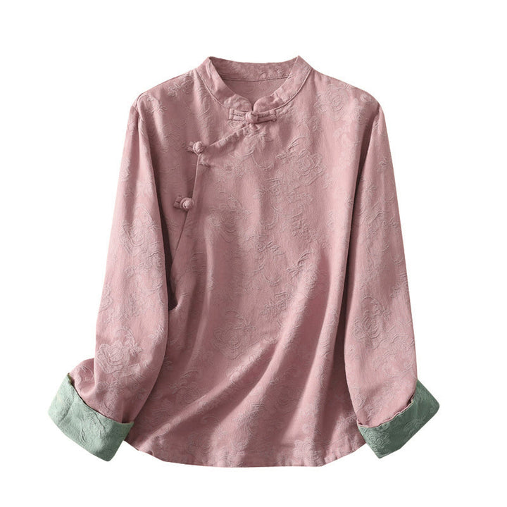 Camisa de manga larga con botones, estampado jacquard de Buddha Stones y tapeta diagonal para mujer, de algodón y lino. - image 20
