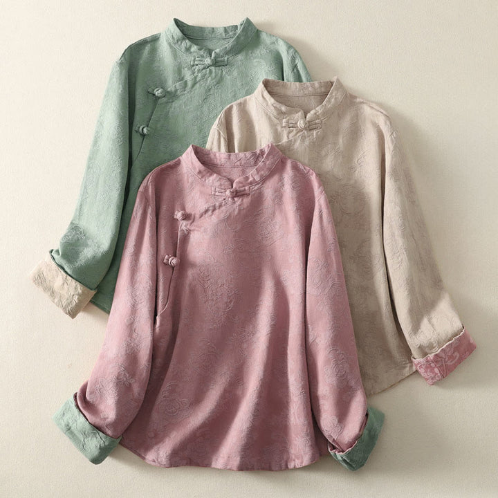 Camisa de manga larga con botones, estampado jacquard de Buddha Stones y tapeta diagonal para mujer, de algodón y lino. - image 0