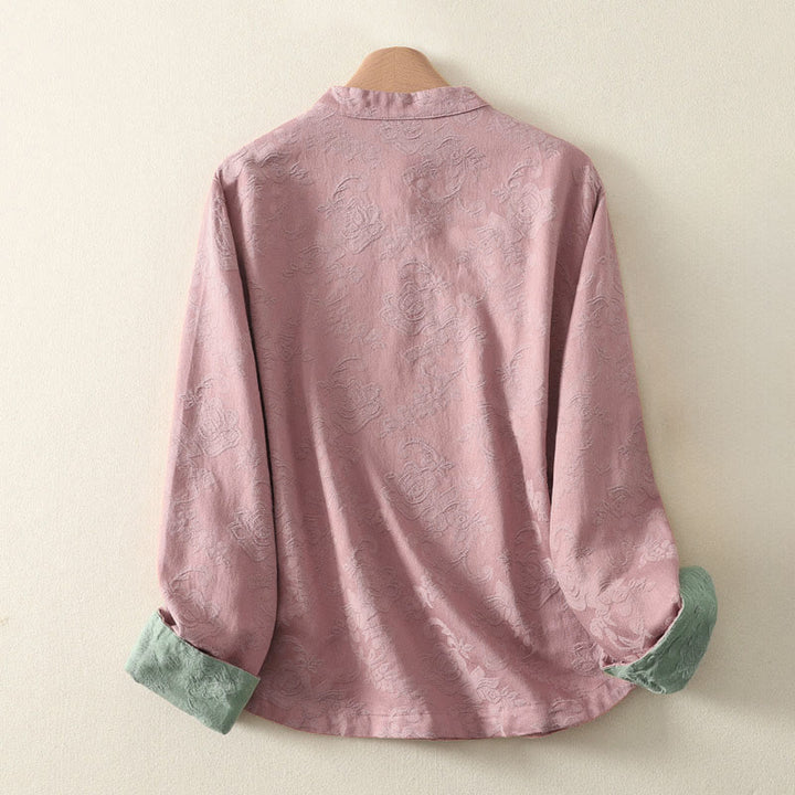 Camisa de manga larga con botones, estampado jacquard de Buddha Stones y tapeta diagonal para mujer, de algodón y lino. - image 12