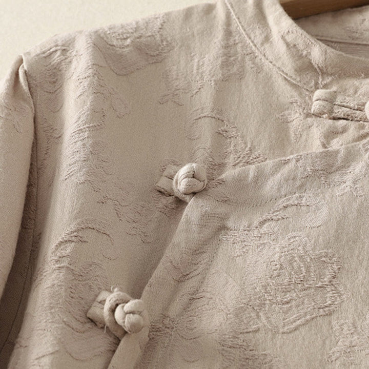 Camisa de manga larga con botones, estampado jacquard de Buddha Stones y tapeta diagonal para mujer, de algodón y lino. - image 3
