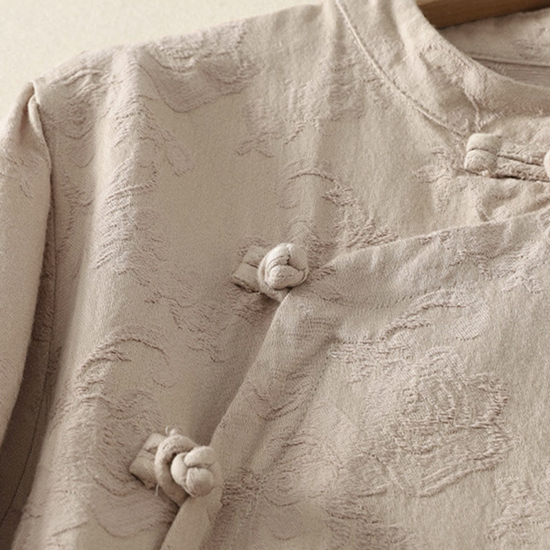 Camisa de manga larga con botones, estampado jacquard de Buddha Stones y tapeta diagonal para mujer, de algodón y lino. - image 3