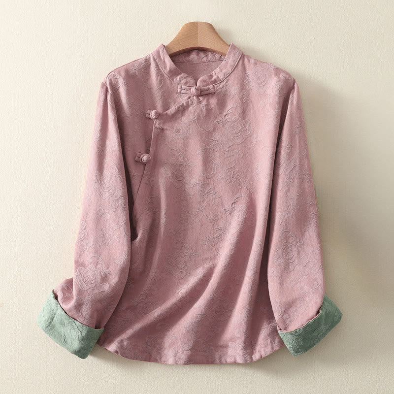 Camisa de manga larga con botones, estampado jacquard de Buddha Stones y tapeta diagonal para mujer, de algodón y lino. - rosa claro - US8-10，UK/AU12-14，EU40-42 (2XL) - image 11