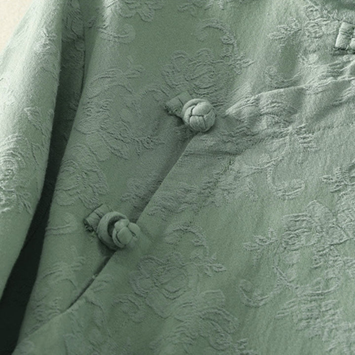 Camisa de manga larga con botones, estampado jacquard de Buddha Stones y tapeta diagonal para mujer, de algodón y lino. - image 8