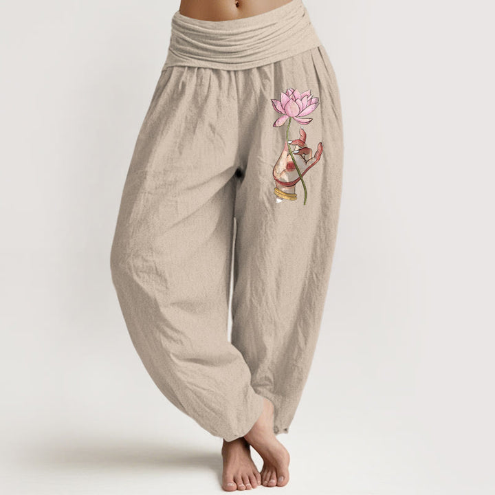 Pantalones bombachos de algodón con cintura elástica para mujer, con estampado de Buddha Stones sosteniendo una mano y un delicado diseño de loto. - Verde oliva - US16，UK/AU20，EU48 (3XL) - image 11