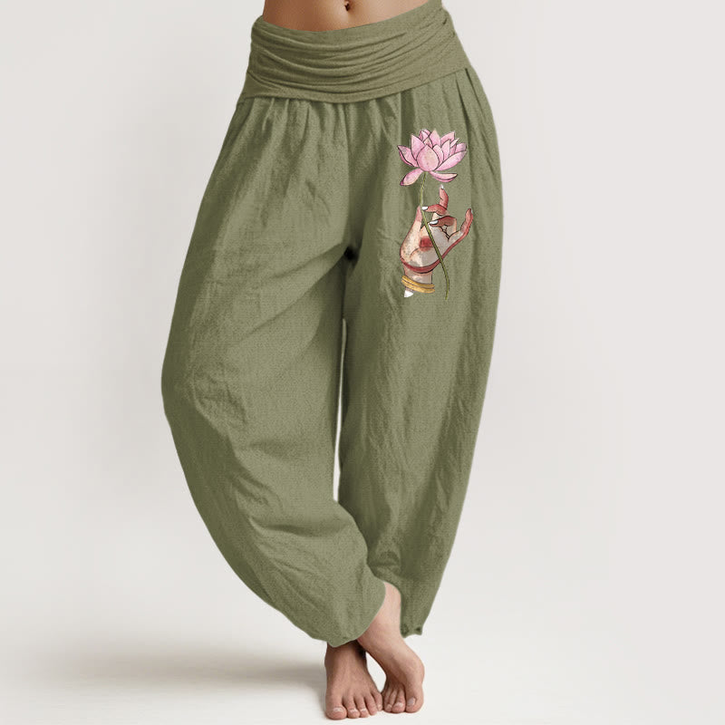 Pantalones bombachos de algodón con cintura elástica para mujer, con estampado de Buddha Stones sosteniendo una mano y un delicado diseño de loto. - Negro - US16，UK/AU20，EU48 (3XL) - image 14