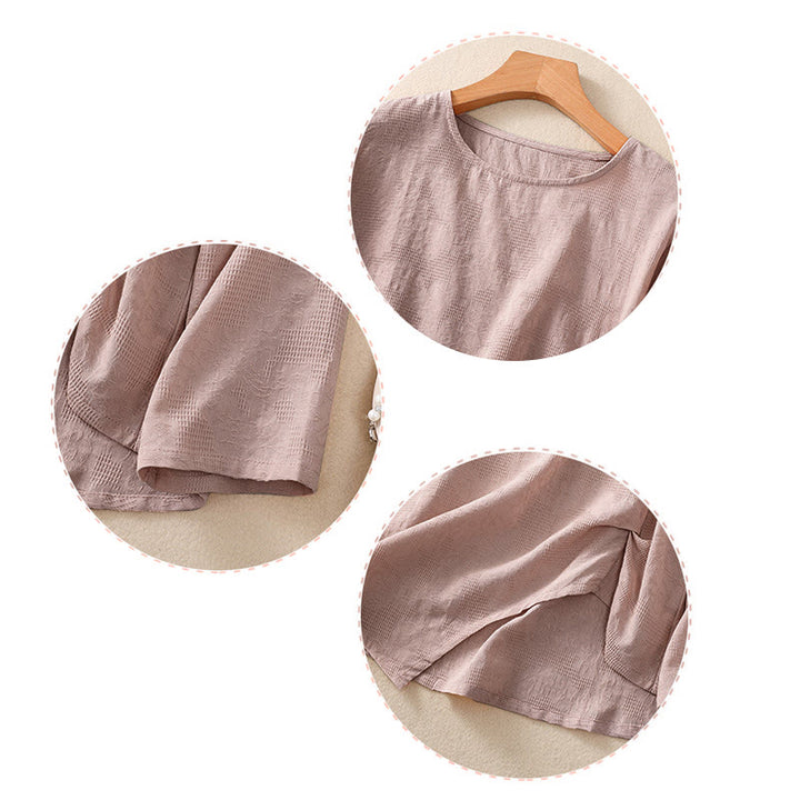 Camisa de manga larga para mujer con diseño plisado y dobladillo irregular en jacquard con Buddha Stones . - image 24