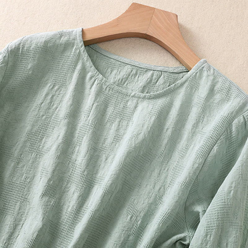 Camisa de manga larga para mujer con diseño plisado y dobladillo irregular en jacquard con Buddha Stones . - image 35