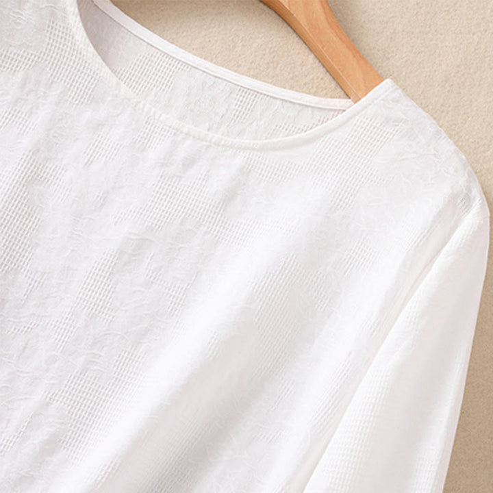 Camisa de manga larga para mujer con diseño plisado y dobladillo irregular en jacquard con Buddha Stones . - image 12