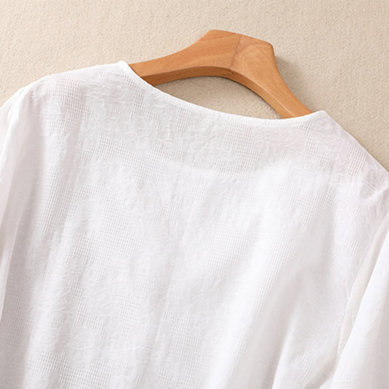 Camisa de manga larga para mujer con diseño plisado y dobladillo irregular en jacquard con Buddha Stones . - image 11