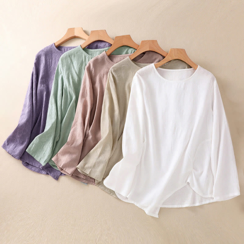 Camisa de manga larga para mujer con diseño plisado y dobladillo irregular en jacquard con Buddha Stones . - image 40