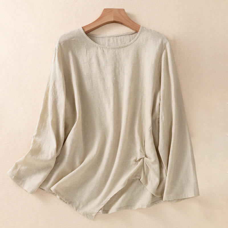 Camisa de manga larga para mujer con diseño plisado y dobladillo irregular en jacquard con Buddha Stones . - Lino - US8-10，UK/AU12-14，EU40-42 (2XL) - image 25