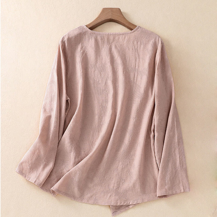 Camisa de manga larga para mujer con diseño plisado y dobladillo irregular en jacquard con Buddha Stones . - image 17