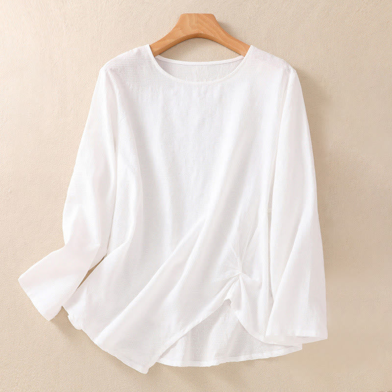 Camisa de manga larga de algodón para mujer con diseño plisado y bajo irregular en jacquard con Buddha Stones - Blanco - US8-10，UK/AU12-14，EU40-42 (2XL) - image 8