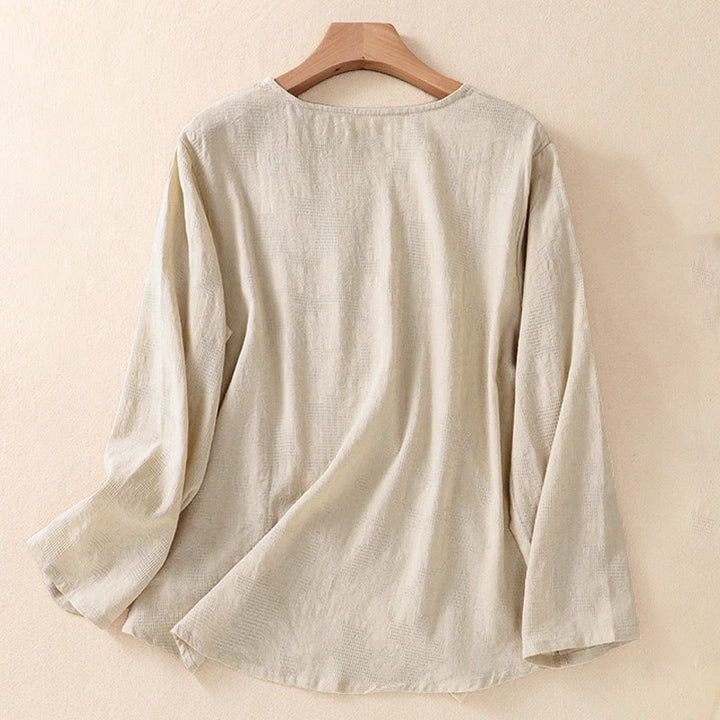 Camisa de manga larga para mujer con diseño plisado y dobladillo irregular en jacquard con Buddha Stones . - image 26