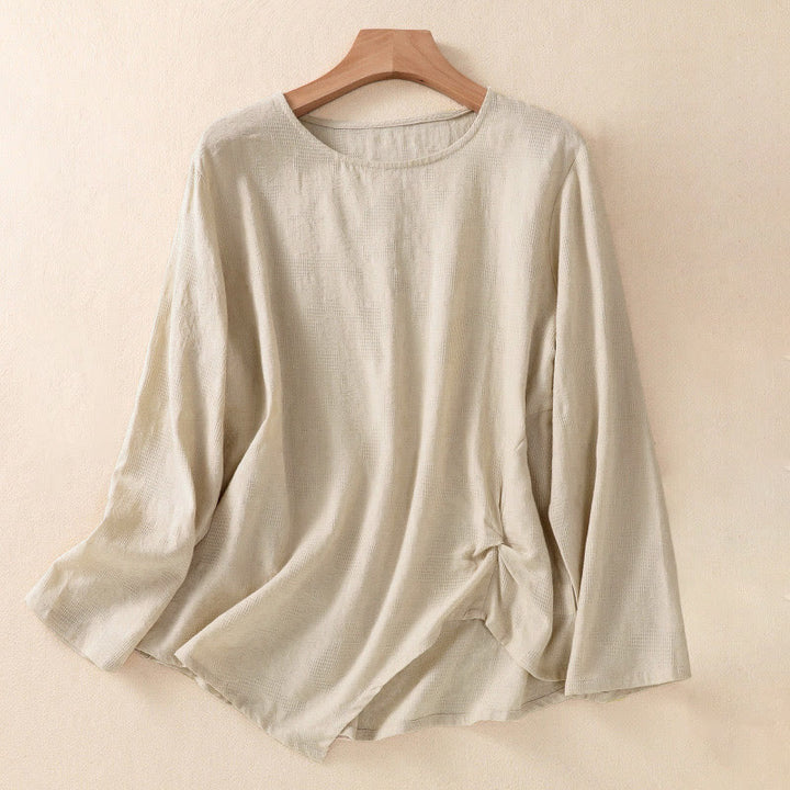 Camisa de manga larga de algodón para mujer con diseño plisado y bajo irregular en jacquard con Buddha Stones - Lino - US8-10，UK/AU12-14，EU40-42 (2XL) - image 25