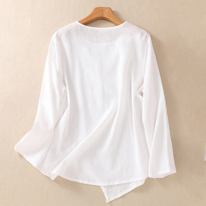 Camisa de manga larga para mujer con diseño plisado y dobladillo irregular en jacquard con Buddha Stones . - image 9