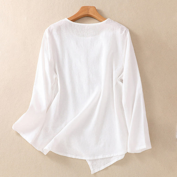 Camisa de manga larga para mujer con diseño plisado y dobladillo irregular en jacquard con Buddha Stones . - image 9