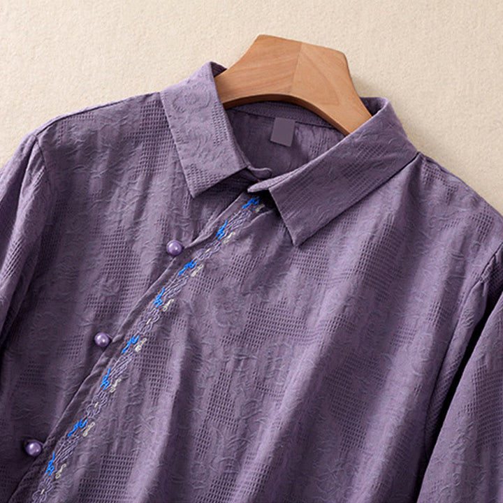 Camisa de manga larga de algodón para mujer con diseño asimétrico bordado de Buddha Stones y botones de rana - image 33