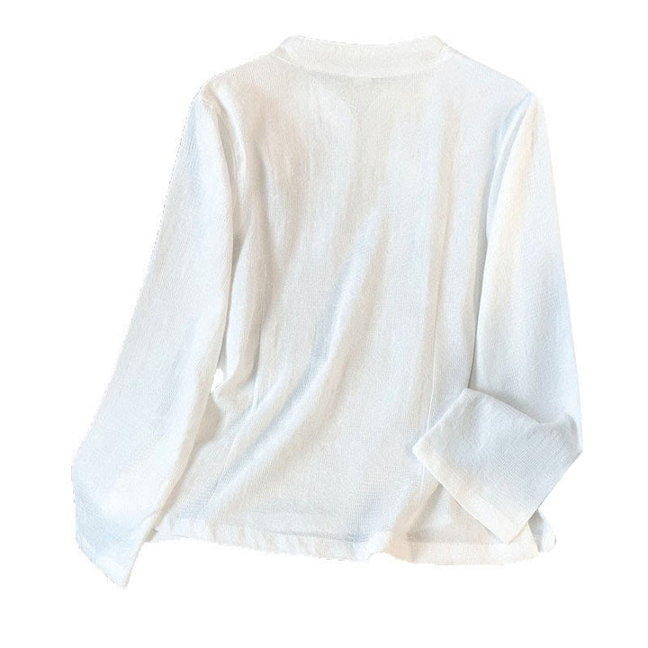 Camisa de algodón de manga larga para mujer con cuello mandarín, botones de rana y estampado jacquard de Buddha Stones para desplazamientos - image 19