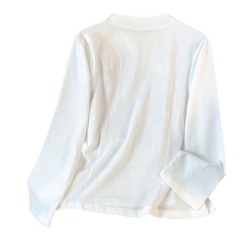 Camisa de algodón de manga larga para mujer con cuello mandarín, jacquard y botones chinos Buddha Stones Commute - image 19