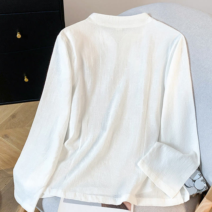 Camisa de algodón de manga larga para mujer con cuello mandarín, botones de rana y estampado jacquard de Buddha Stones para desplazamientos - image 11