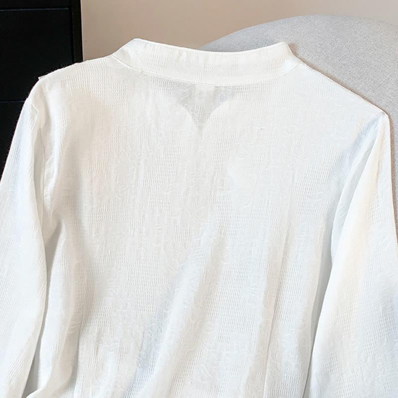 Camisa de manga larga para mujer con cuello mandarín, jacquard y botones chinos con diseño de piedras de Buda y estampado de Buddha Stones. - image 14
