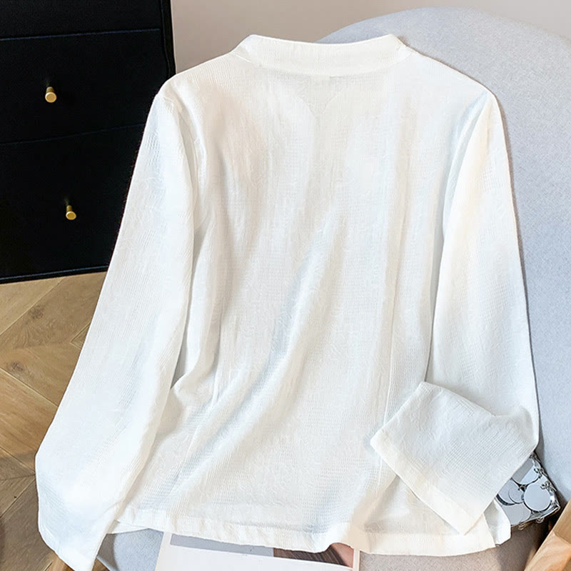 Camisa de algodón de manga larga para mujer con cuello mandarín, jacquard y botones chinos Buddha Stones Commute - image 11