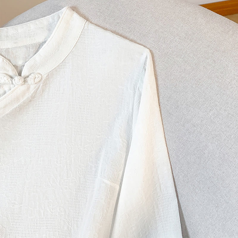 Camisa de algodón de manga larga para mujer con cuello mandarín, jacquard y botones chinos Buddha Stones Commute - image 15