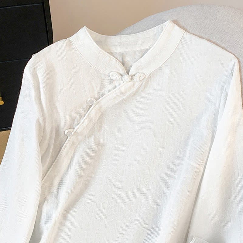 Camisa de algodón de manga larga para mujer con cuello mandarín, jacquard y botones chinos Buddha Stones Commute - image 13