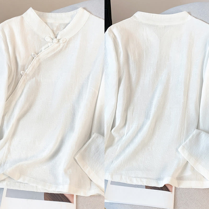 Camisa de algodón de manga larga para mujer con cuello mandarín, jacquard y botones chinos Buddha Stones Commute - image 18
