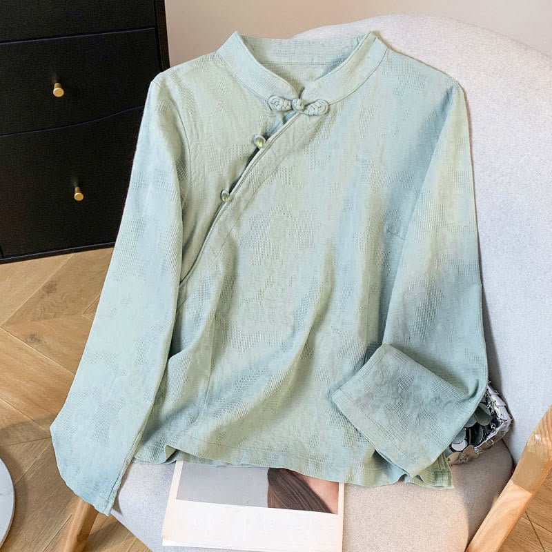 Camisa de manga larga para mujer con cuello mandarín, jacquard y botones chinos con diseño de piedras de Buda y estampado de Buddha Stones. - Aguamarina medio - US8-10，UK/AU12-14，EU40-42 (2XL) - image 0