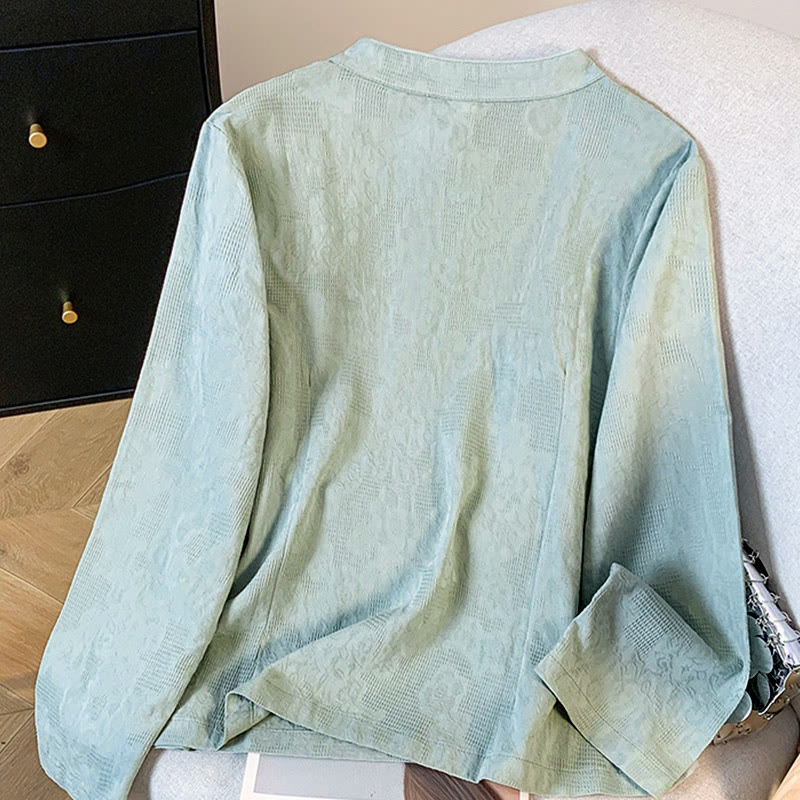 Camisa de manga larga para mujer con cuello mandarín, jacquard y botones chinos con diseño de piedras de Buda y estampado de Buddha Stones. - image 1