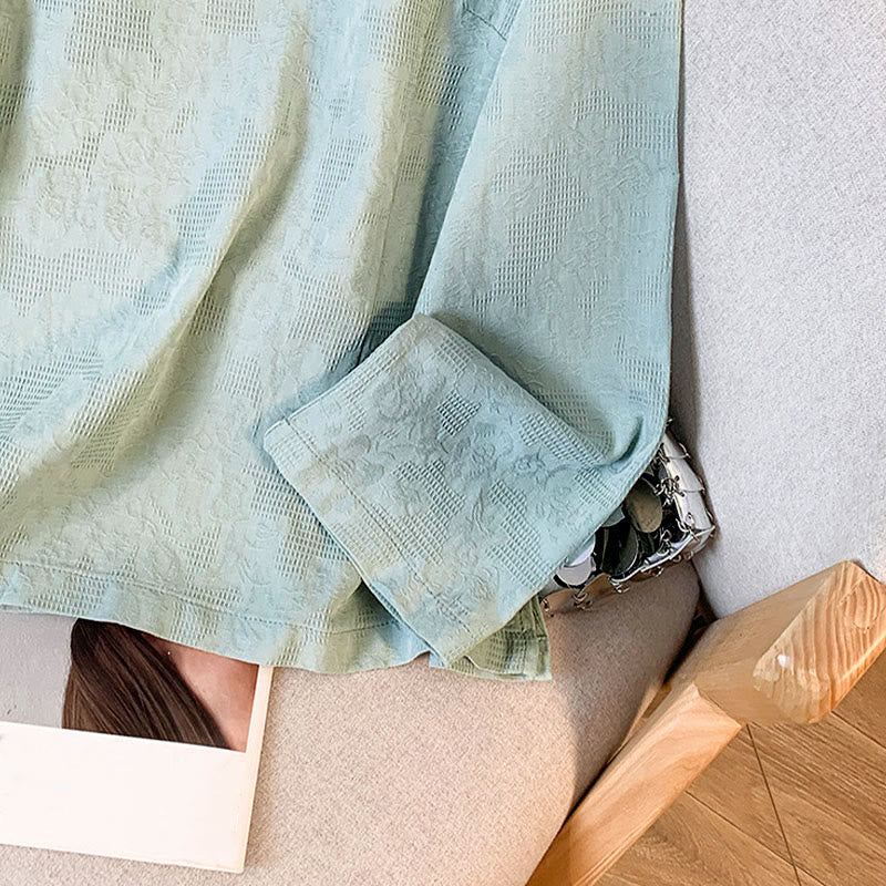 Camisa de algodón de manga larga para mujer con cuello mandarín, botones de rana y estampado jacquard de Buddha Stones para desplazamientos - image 7